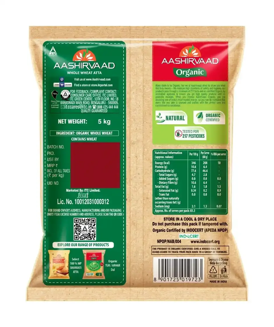 Aashirvaad Truly Organic Whole Wheat Atta, 0% Maida - Image 2