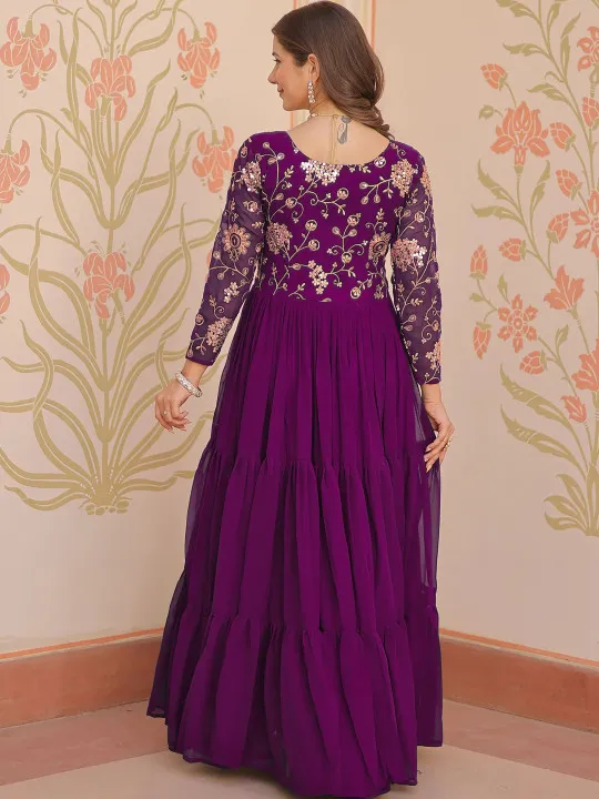 Sangria Embroidered Sequinned Fit & Flare Maxi Ethnic Dresses - Image 3