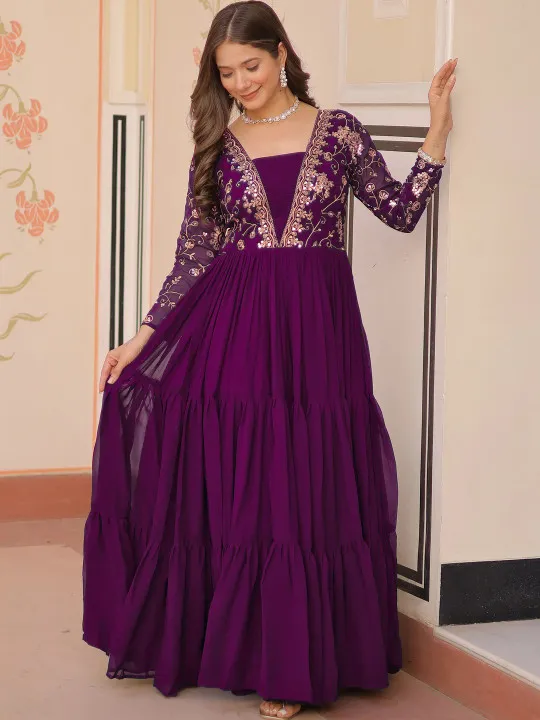 Sangria Embroidered Sequinned Fit & Flare Maxi Ethnic Dresses - Image 2
