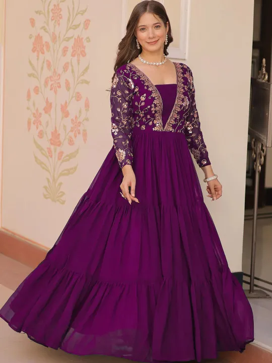Sangria Embroidered Sequinned Fit & Flare Maxi Ethnic Dresses